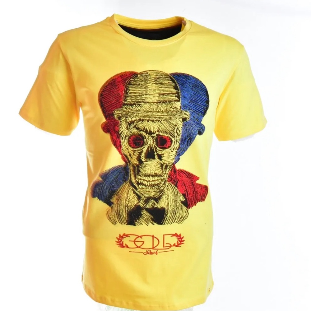 MEN’S STUDDED 3-D SKULL SHIRT-YELLOW